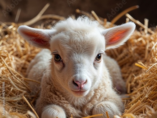 Newborn white lamb lying in golden straw bedding with an innocent expression gazing at the camera in warm golden light
