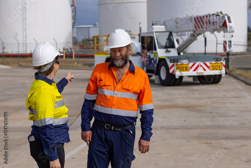 Female worker pointing at franna crane truck photo