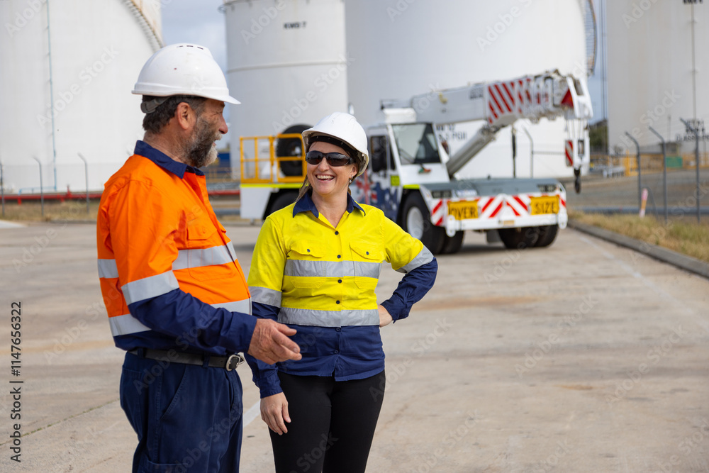 Happy workers talking in front of crane truck at industrial site Happy workers talking in front of crane truck at industrial site