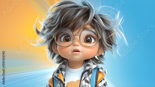 A groovy cartoon character with big, expressive eyes and a funky outfit, set against a vibrant psychedelic background photo