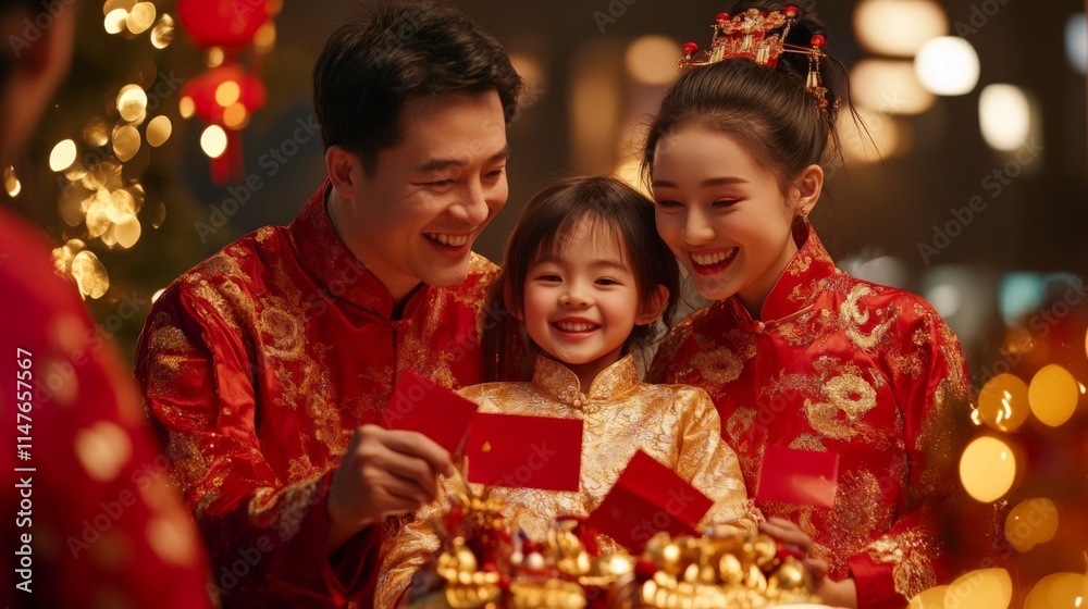 Asian family celebrating lunar new year with red envelopes and joyful smiles Asian family celebrating lunar new year with red envelopes and joyful smiles