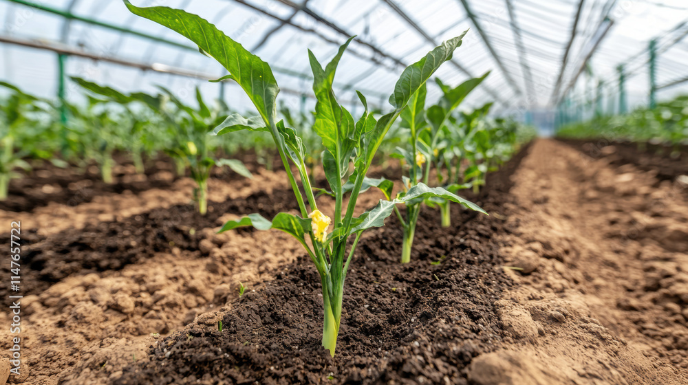 Greenhouse plants growing in soil with vibrant leaves