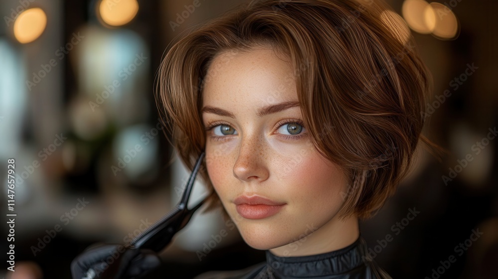 A close-up of a young woman in a salon, preparing for a haircut. A close-up of a young woman in a salon, preparing for a haircut.