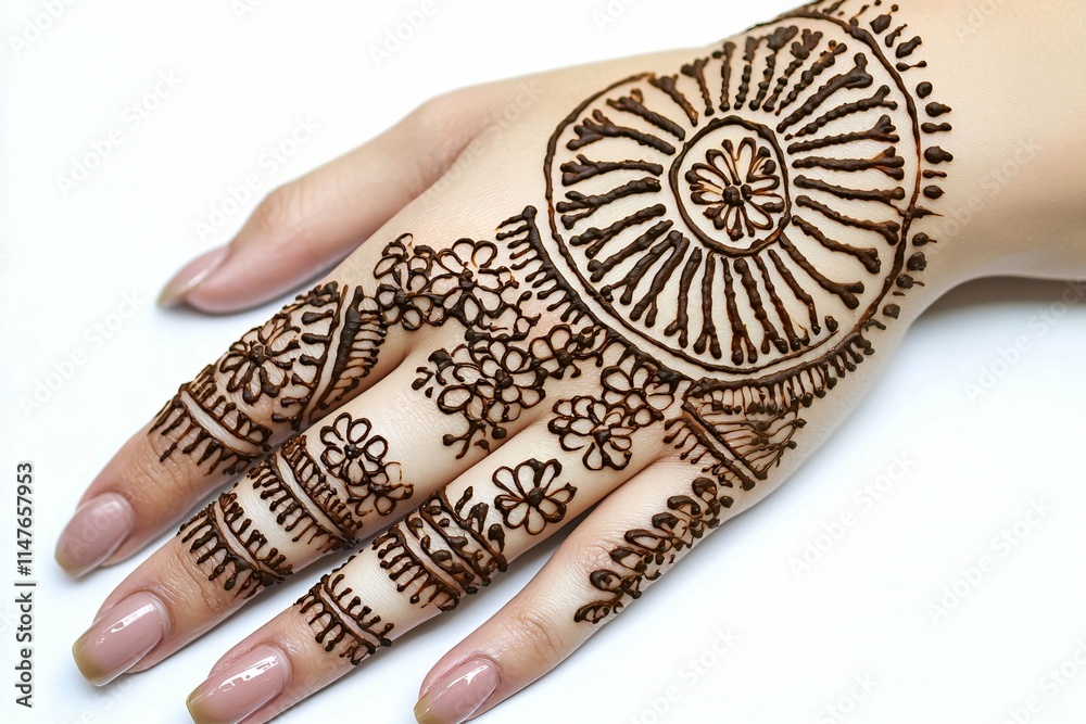 Fototapeta premium Intricate henna designs featuring floral and geometric patterns beautifully embellish a woman's hands, showcasing the artistry of traditional body art in rich brown tones.