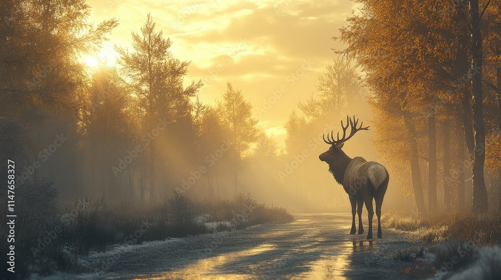 Majestic elk stands in a misty autumn forest at sunrise. Majestic elk stands in a misty autumn forest at sunrise.