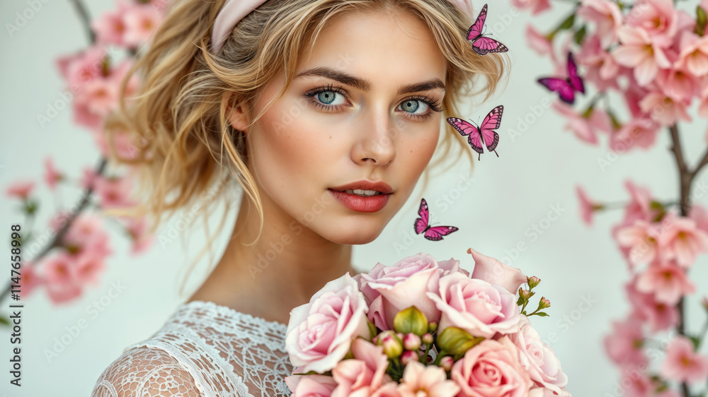 Fototapeta premium Elegant Woman With Butterflies And Roses In Blooming Garden