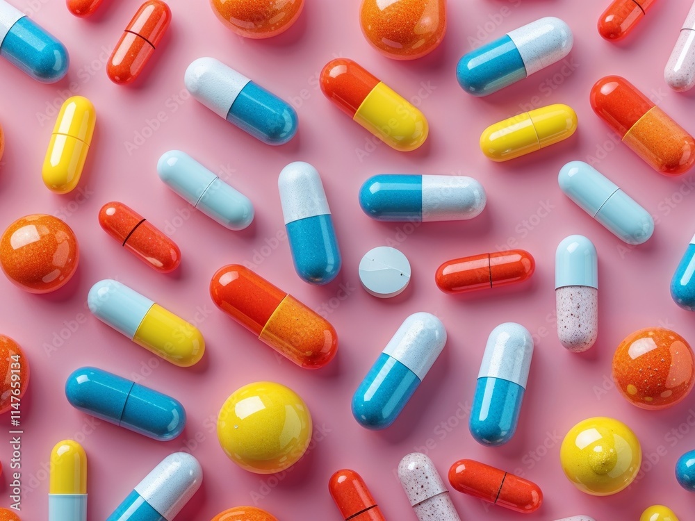 Colorful Pills and Capsules Scattered Evenly on Pink Background Colorful Pills and Capsules Scattered Evenly on Pink Background