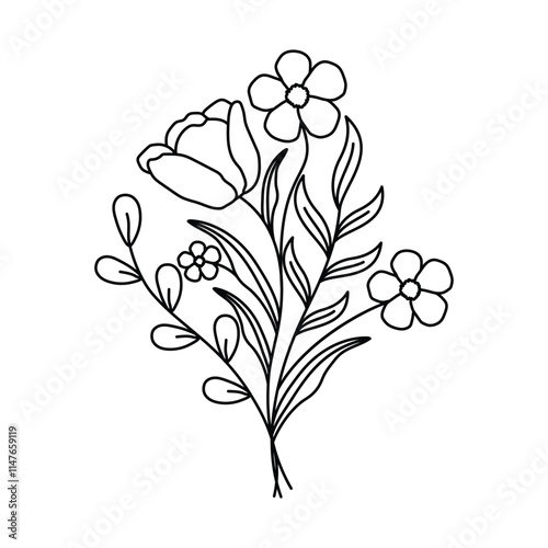 Simple Floral Arrangement Line Art, Minimalist Black and White Illustration with Flowers and Leaves