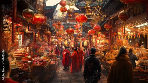 Bustling asian market with lanterns and traditional festivities