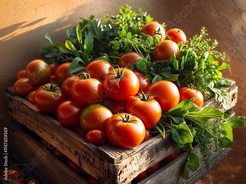 Fresh Tomatoes and Greens in a Wooden Crate photo