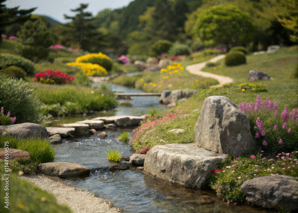 serene garden landscape featuring clear stream, vibrant flowers, and lush greenery. peaceful scene invites relaxation and appreciation of nature beauty serene garden landscape featuring clear stream, vibrant flowers, and lush greenery. peaceful scene invites relaxation and appreciation of nature beauty