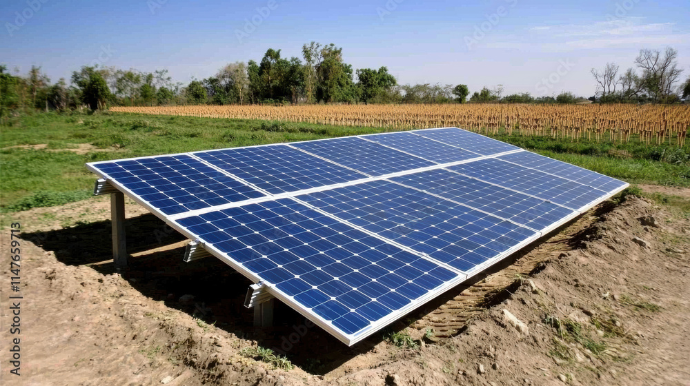 Solar panels in field under clear blue sky Solar panels in field under clear blue sky