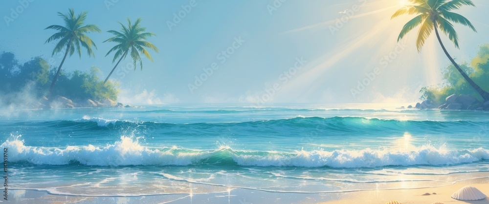 Obraz premium A beautiful beach with a glowing blue water