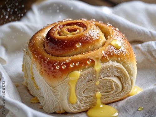 Warm Sweet Roll with Melted Butter Drizzle and Water Droplets