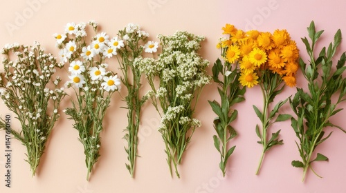 Wallpaper Mural Various chamomile flowers on a colorful background. Flat lay with copy space, perfect for a template or mockup  Torontodigital.ca