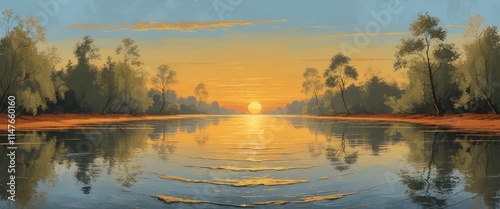 Serene Sunset Over a Reflective River Landscape photo