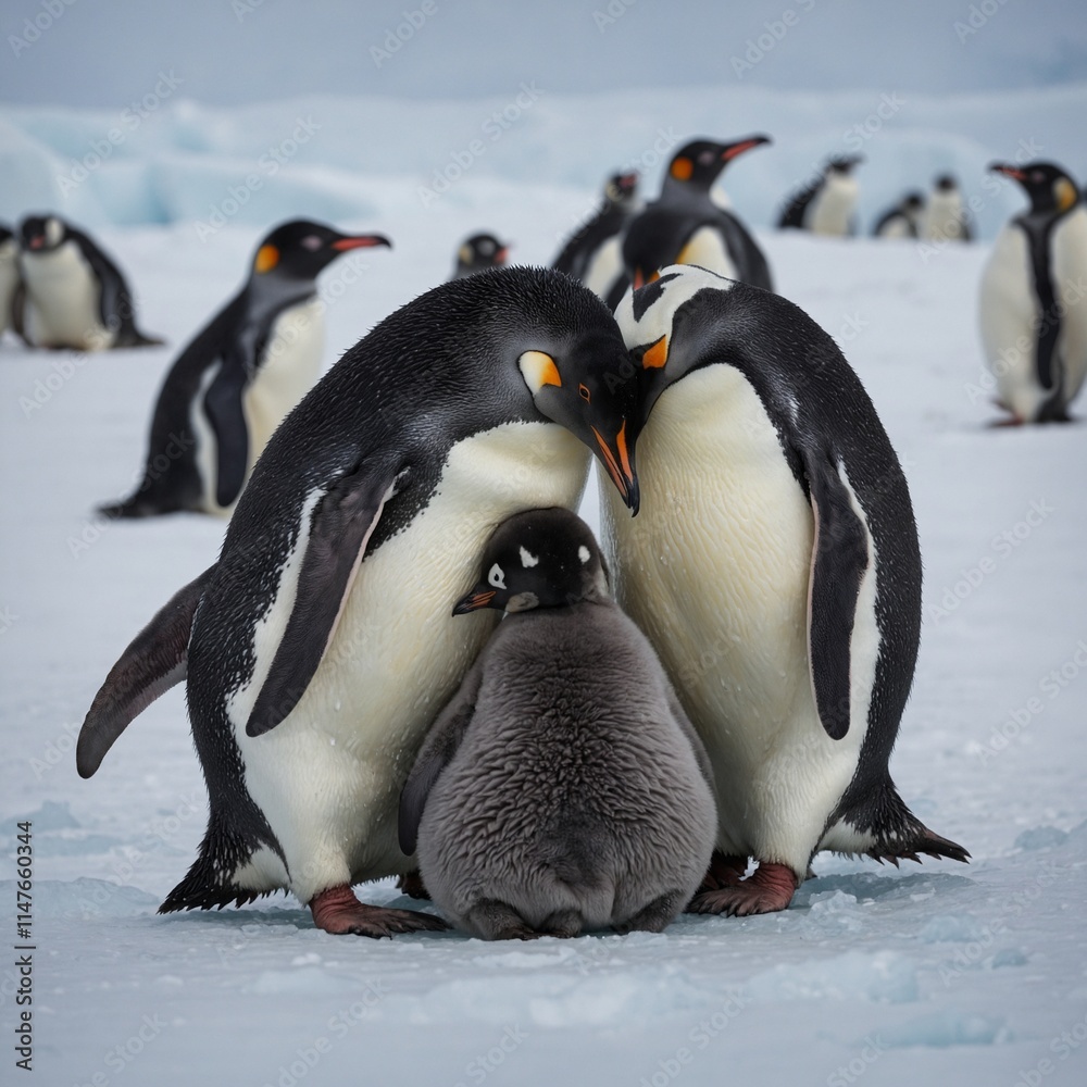 Fototapeta premium A penguin family huddling together on an icy Antarctic plain.