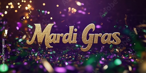 Festive Mardi Gras celebration with glittering gold text on dark purple background photo