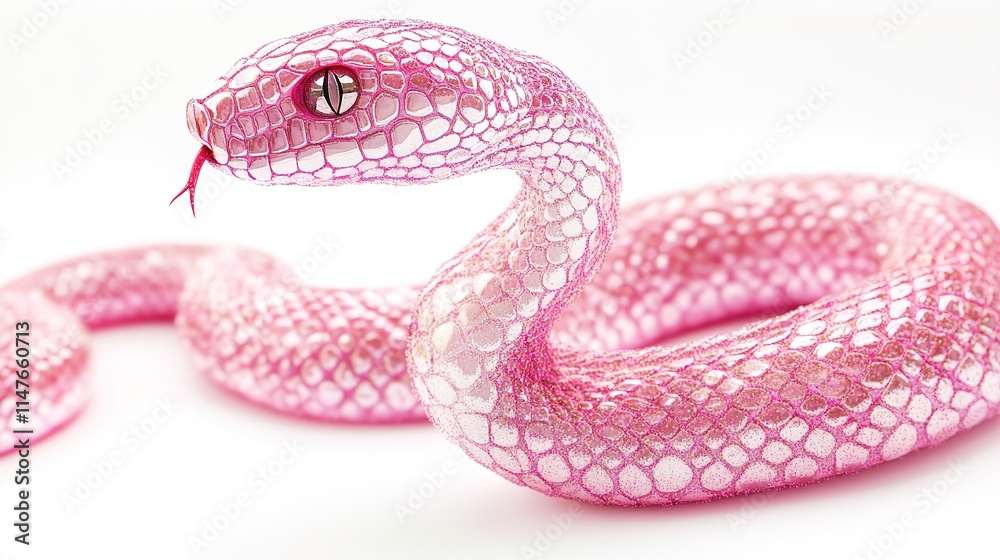Obraz premium Pink Glitter Snake in 3D Style, Light Pink Glitter Side Profile with Intricate Patterns and Bright, Sharp Eyes, Elegant and Classic Beauty, High-Resolution Image on White Background
