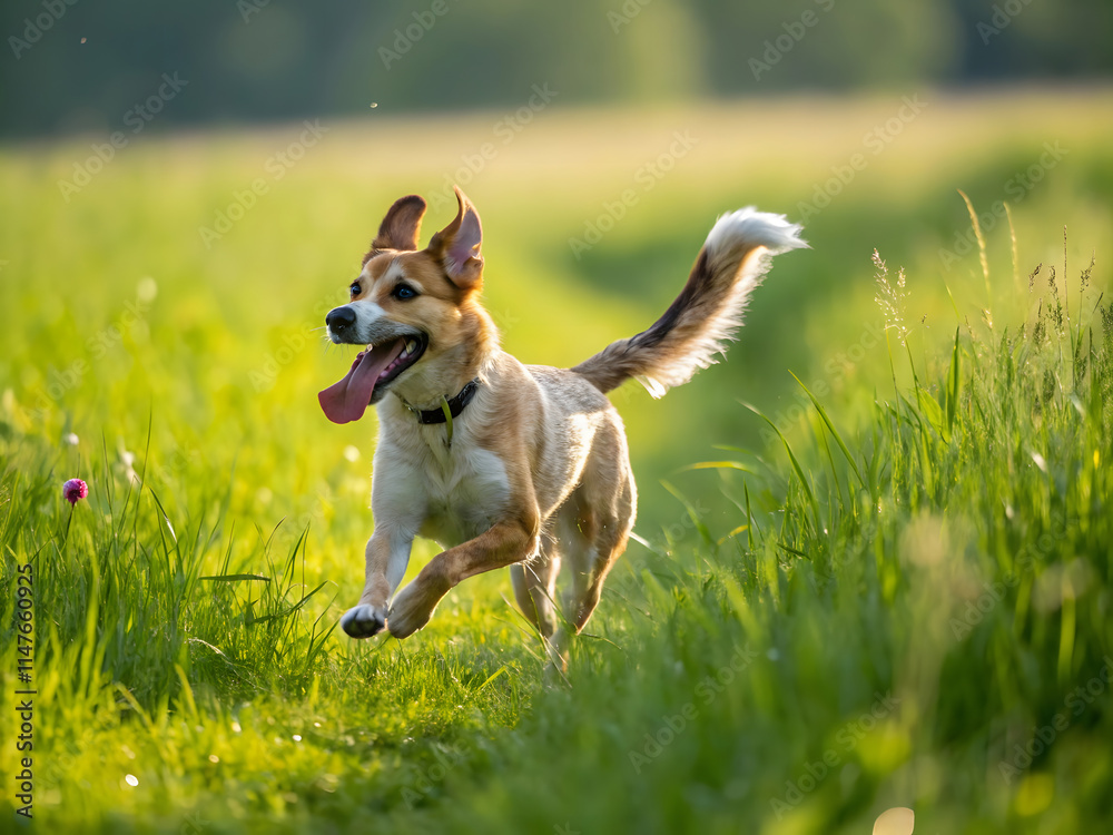 White dog with brown stripes Running in the green grass garden, sticking out the tongue happily White dog with brown stripes Running in the green grass garden, sticking out the tongue happily