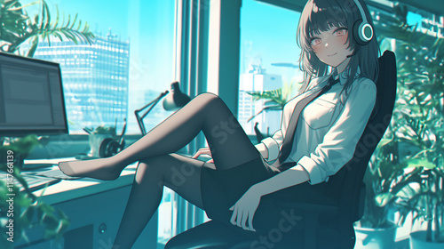 kawaii anime cartoon style business woman in office work background