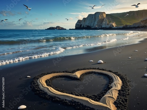 Beach heart drawing on black sand with scenic ocean view and rocky landscape photo
