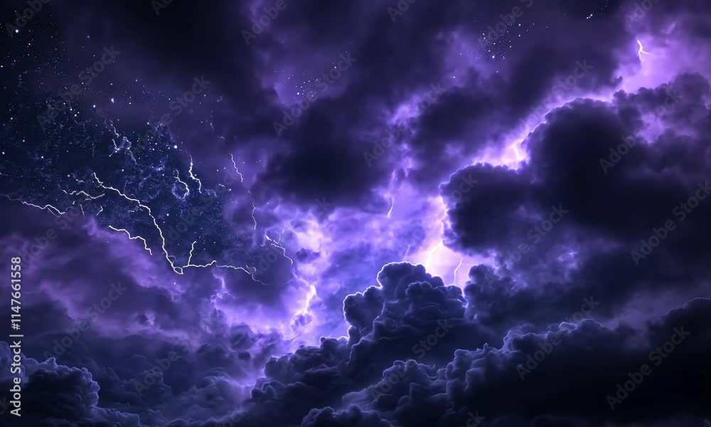 A dramatic night sky filled with purple clouds and lightning. A dramatic night sky filled with purple clouds and lightning.