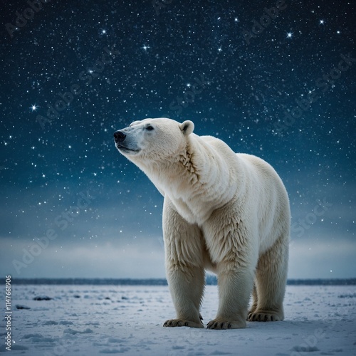 A polar bear standing under a white sky filled with blue shimmering stars.