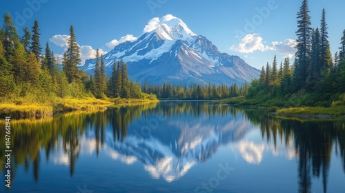 Majestic mountain reflected in serene lake.