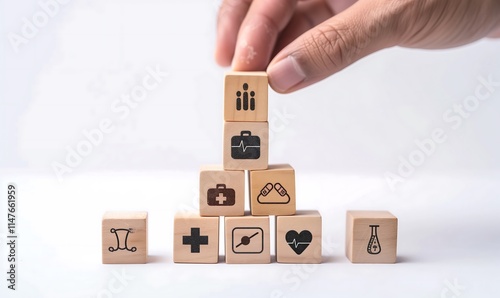 Crafted for Care: Stacking Wooden Blocks with Healthcare Icons to Depict a Comprehensive Insurance Strategy, ケアのために作られた: ヘルスケアアイコン付きの木製ブロックを積み重ねて包括的な保険戦略を描く,Generative AI photo