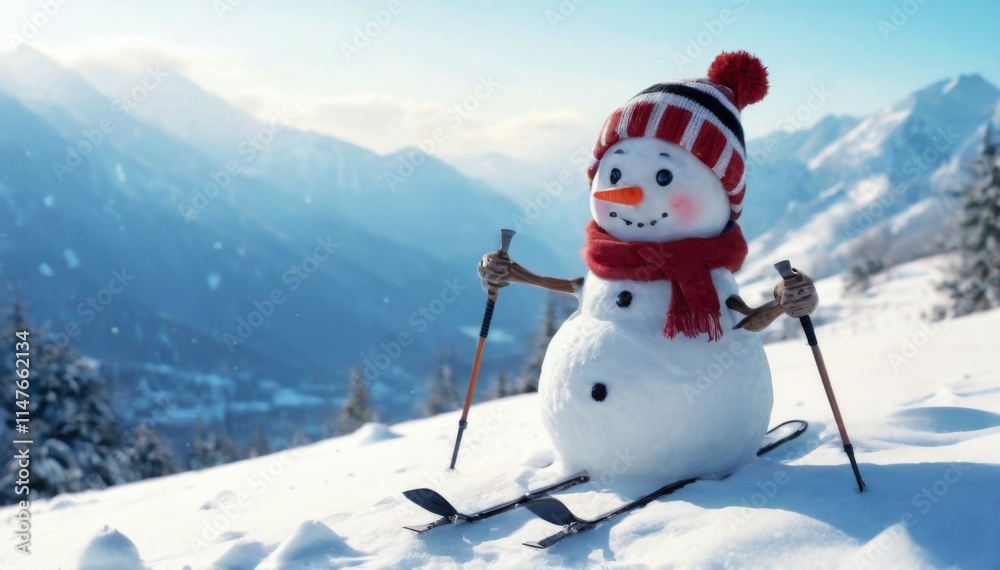 Obraz premium Snowman with Red and White Hat, Scarf, Skis, Ski Poles, Mountain Landscape Background. Serene Winter Scene with Blue Sky.