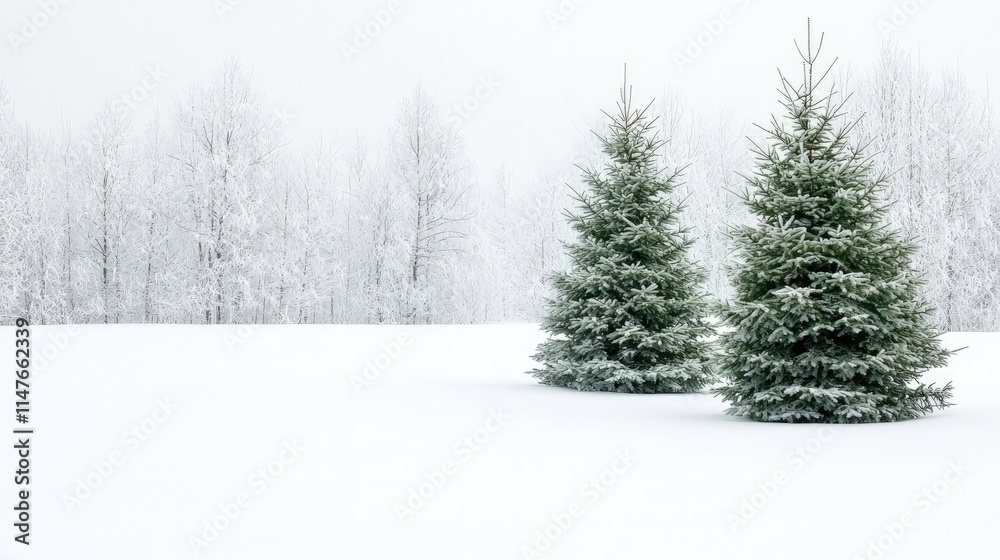 Obraz premium Two snow-covered evergreen trees stand in a snowy field, with a background of frost-covered trees.