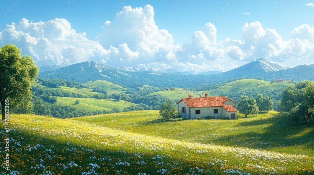 custom made wallpaper toronto digitalIdyllic house, blooming meadow, mountain vista.