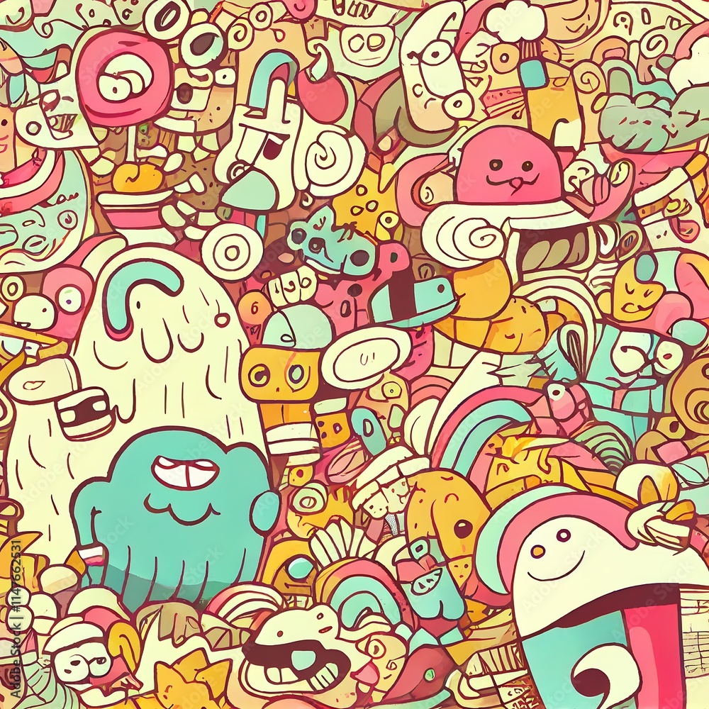 Whimsical doodle art featuring colorful characters, shapes, and patterns in a dense, vibrant composition. Whimsical doodle art featuring colorful characters, shapes, and patterns in a dense, vibrant composition.