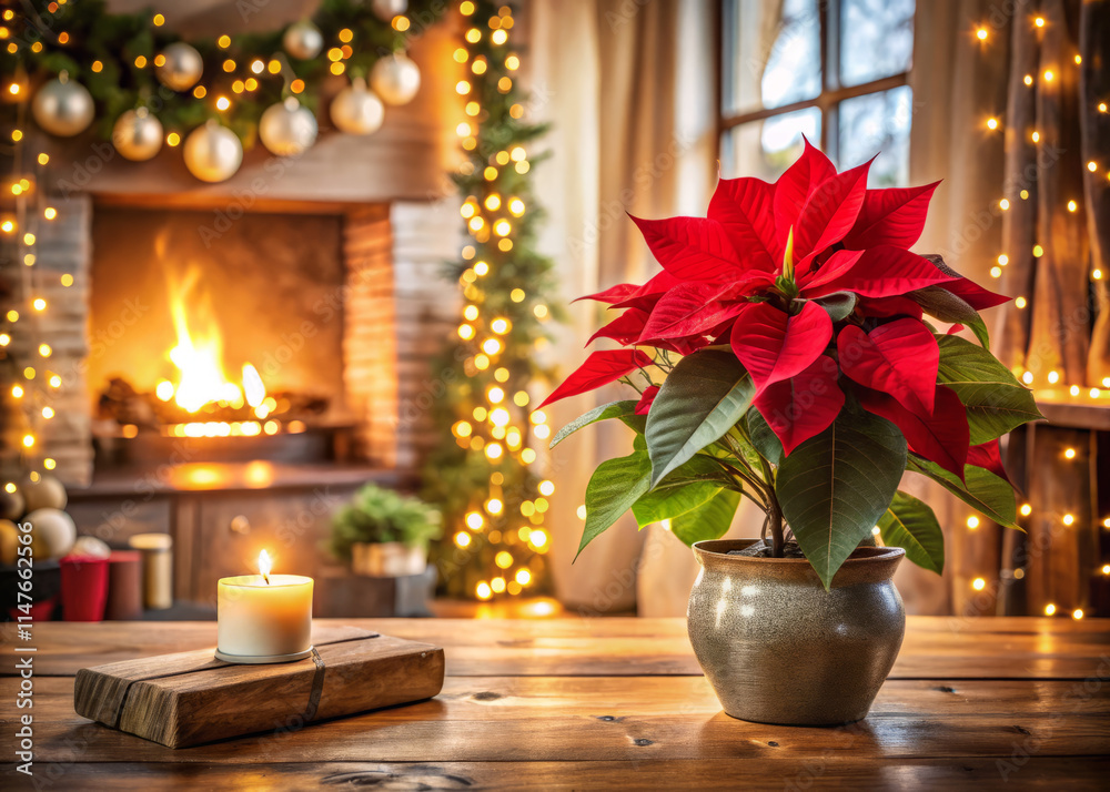 vibrant poinsettia in cozy winter setting, illuminated by soft lighting, creates warm and inviting atmosphere. flickering fireplace adds to festive charm vibrant poinsettia in cozy winter setting, illuminated by soft lighting, creates warm and inviting atmosphere. flickering fireplace adds to festive charm