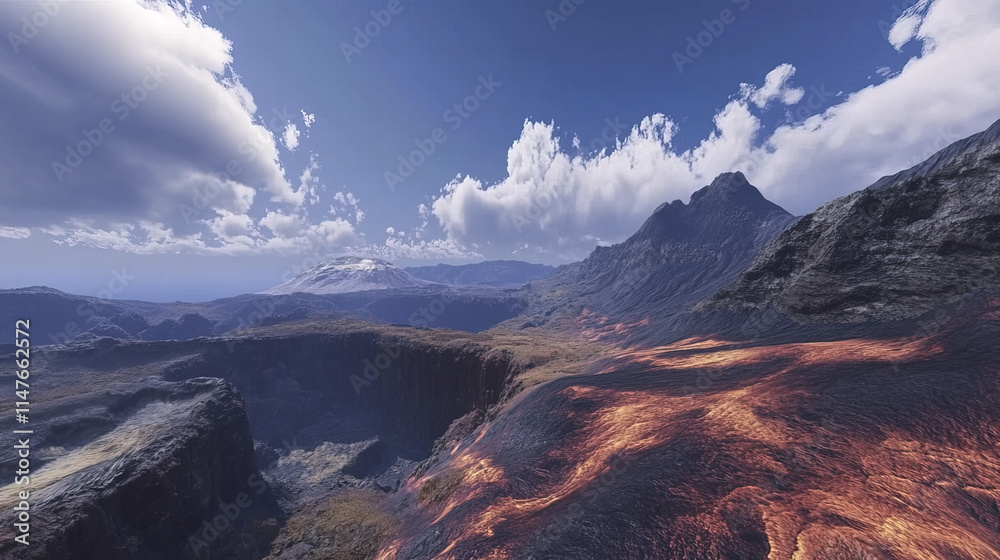 Obraz premium Steep volcanic cliffs with hardened lava flows under vivid sky