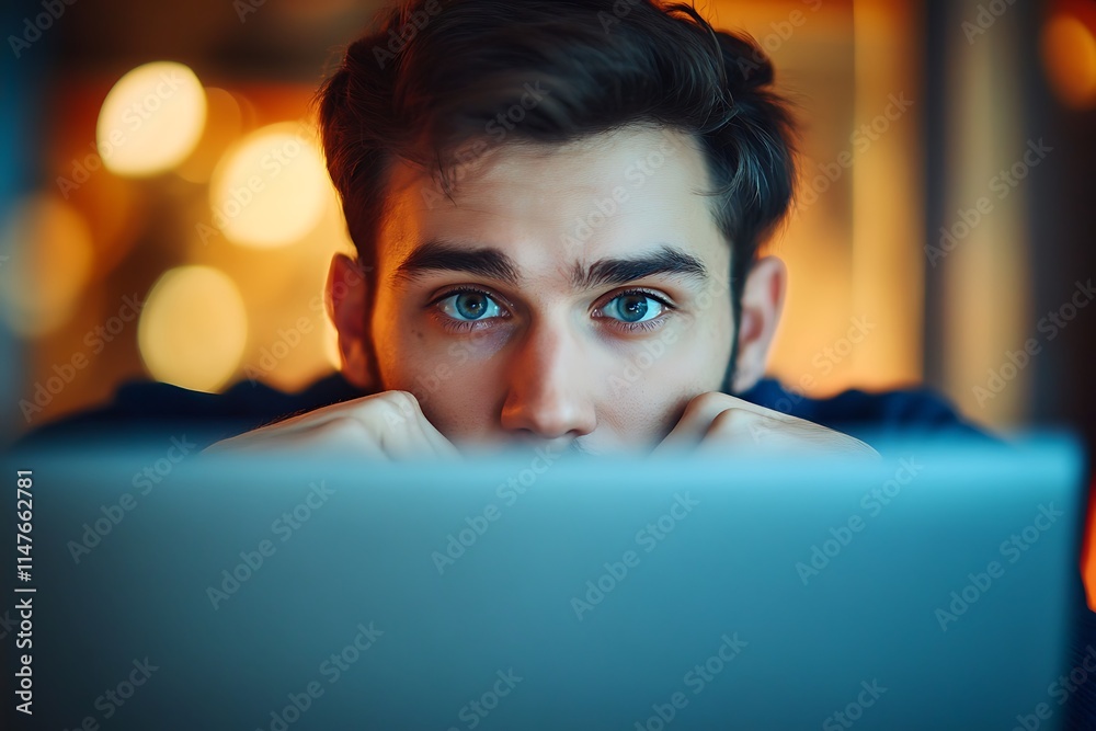 Young man focused on laptop screen. Concept of concentration, work, and technology. Young man focused on laptop screen. Concept of concentration, work, and technology.