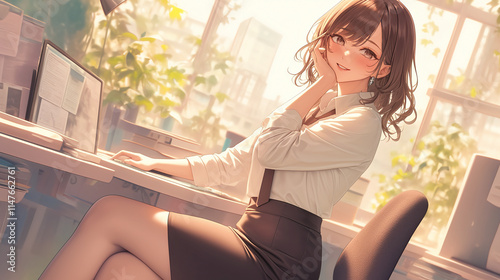 kawaii anime cartoon style business woman in office work background