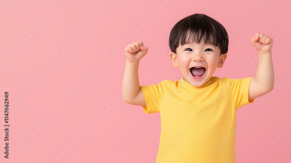 A joyful child in a yellow shirt smiles and raises his arms against a pink background, radiating happiness and excitement. A joyful child in a yellow shirt smiles and raises his arms against a pink background, radiating happiness and excitement.