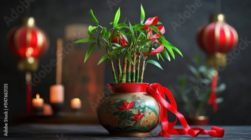 Decorative bamboo arrangement with red ribbons in ornate vase photo