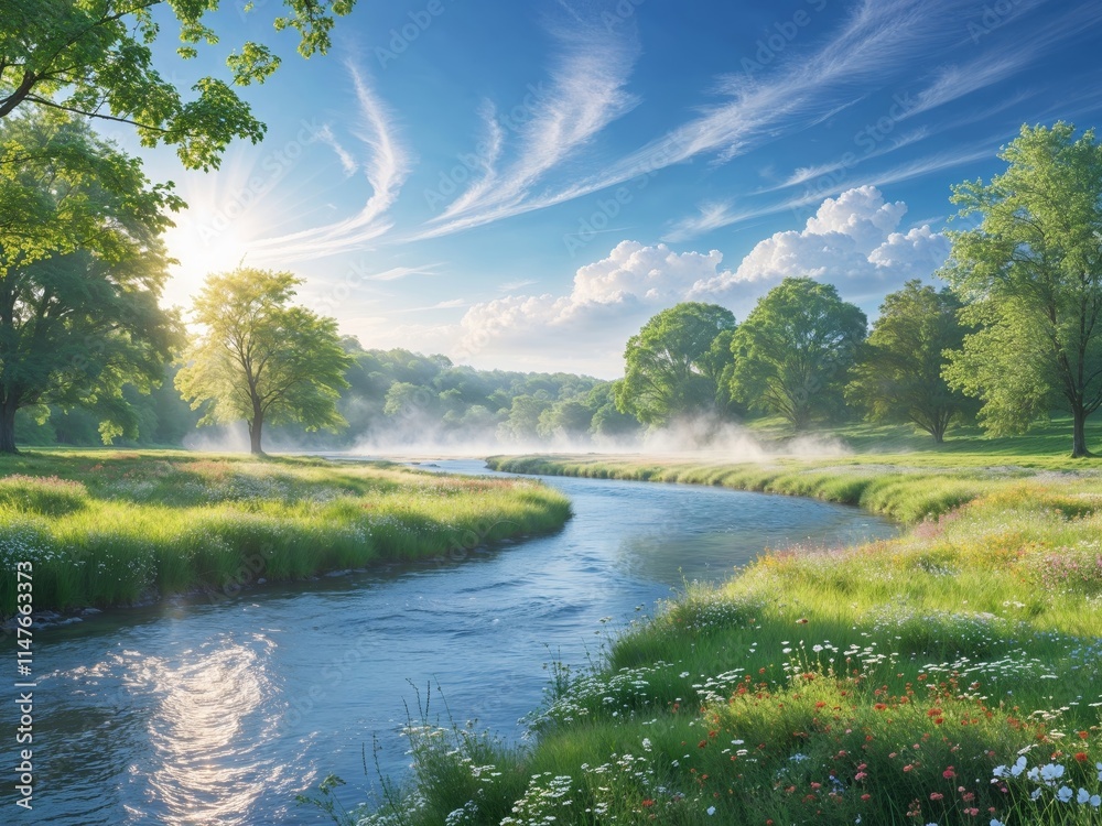 Obraz premium Beautiful summer landscape with river and green meadow under blue sky