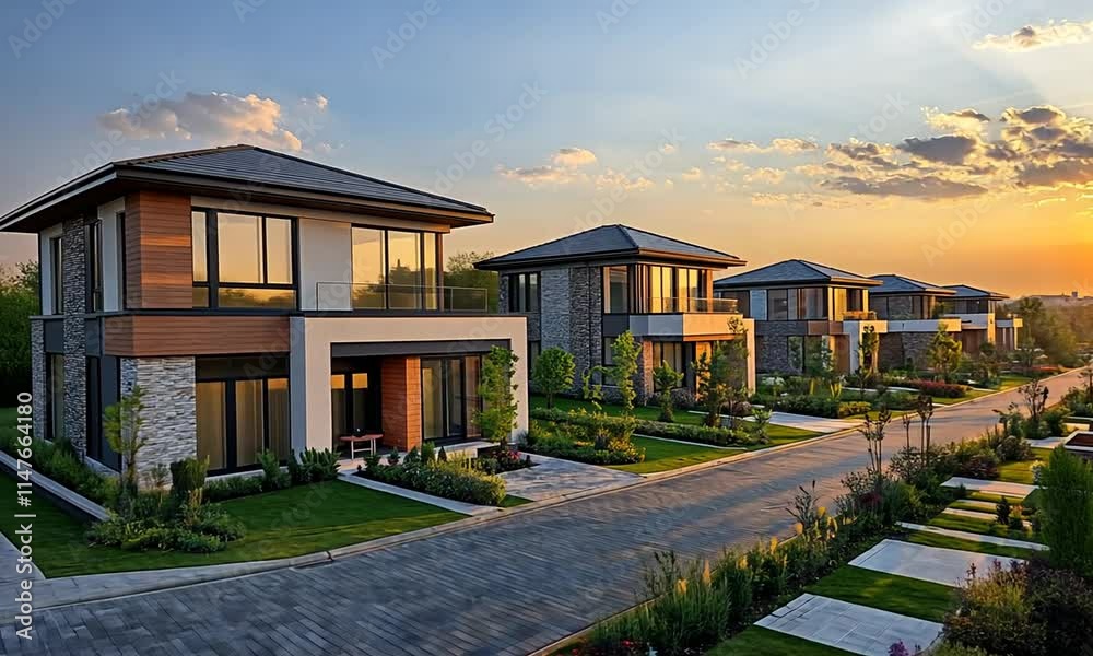 Modern homes lined along a serene street at sunset. Modern homes lined along a serene street at sunset.