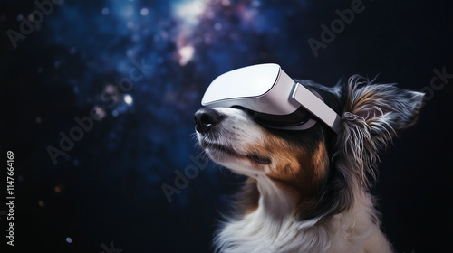 border collie dog  virtual goggles,  fun, futuristic game. The image captures the excitement and innovation of technology with a cute, white, purebred dog banner web desgin banner, flyer poster photo