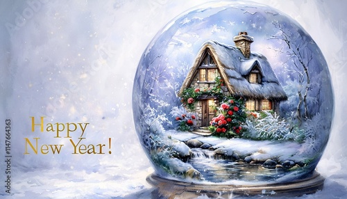 A serene New Year greeting card featuring a cozy stone cottage with a thatched roof, surrounded by winter blooms like red camellias and frosty ferns. A nearby creek reflects the twilight sky.

