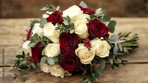 Elegant bouquet of red and white roses on rustic wooden background