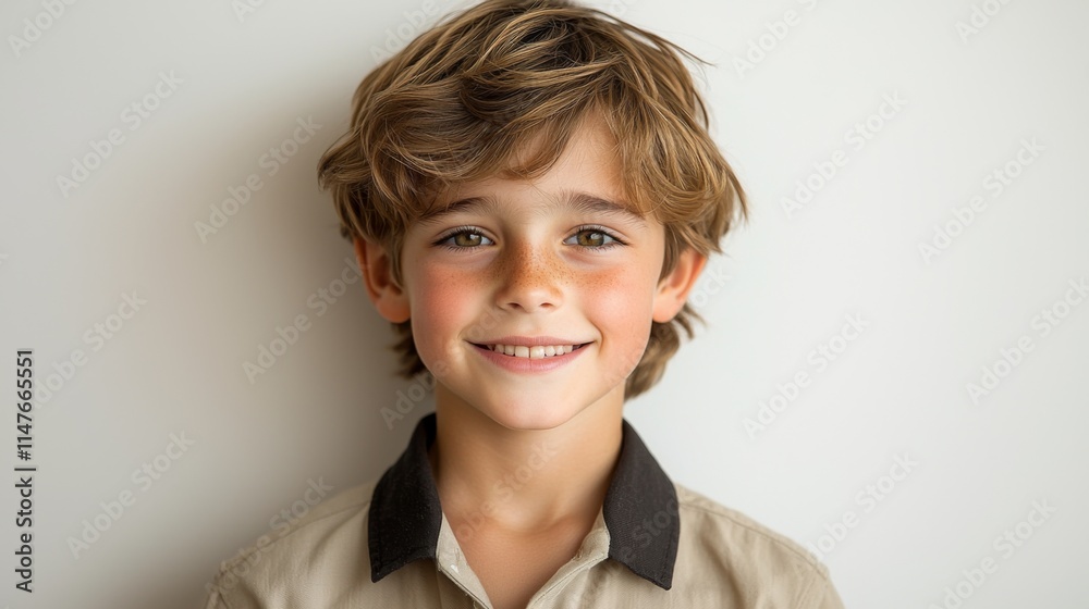 A cheerful young boy with tousled hair smiles warmly against a light background, exuding innocence and joy. A cheerful young boy with tousled hair smiles warmly against a light background, exuding innocence and joy.