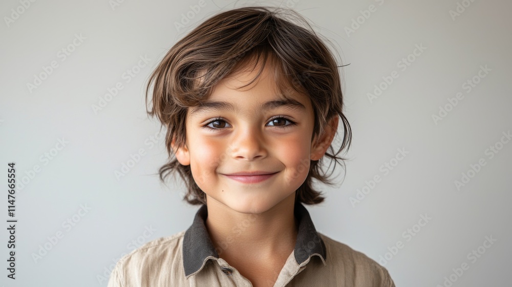 A smiling boy with medium-length hair, wearing a light-colored shirt, stands against a neutral background, radiating happiness and innocence. A smiling boy with medium-length hair, wearing a light-colored shirt, stands against a neutral background, radiating happiness and innocence.
