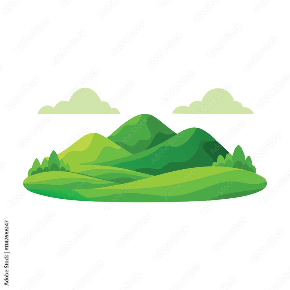 Obraz premium Green hills lanscape isolated flat vector illustration on white background