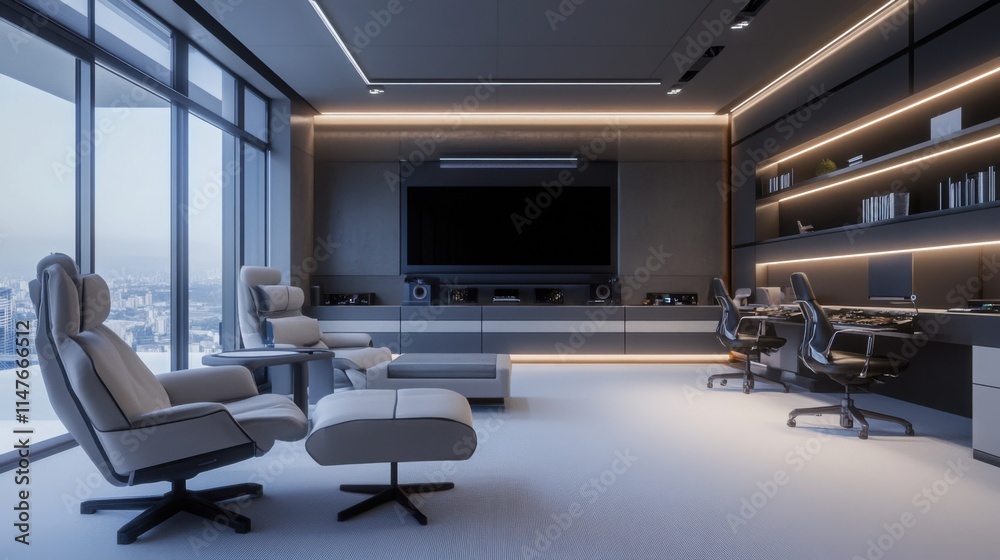 Fototapeta premium Minimalist modern game room with clean, elegant design. Featuring neutral tones and sleek gaming equipment