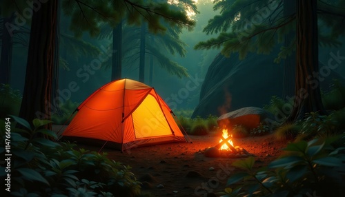 Orange tent with a cozy campfire glows in a tranquil forest, creating a peaceful camping spot at night, perfect for outdoor adventures and holidays. photo